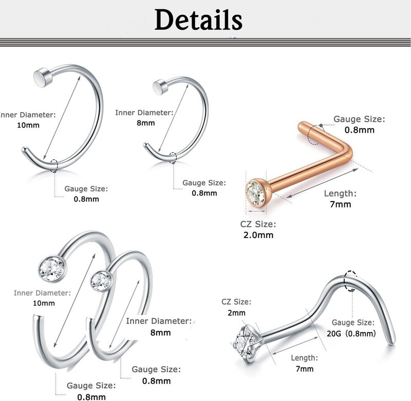 D.Bella 20G Stainless Steel Nose Rings - 20 Gauge Hoops & Studs - Flower, Heart, Diamond & L-Shaped Nostril Nose Piercing Jewelry for Women & Men - Image 2